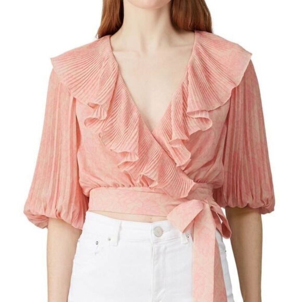 AMUR NAYA Pink Wrap Bubble Sleeve Blouse Top Pink